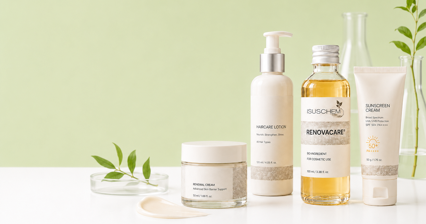 Linea cosmetica formulata con RenovaCare Isuschem: crema viso, lozione capelli, bio-ingrediente e crema solare