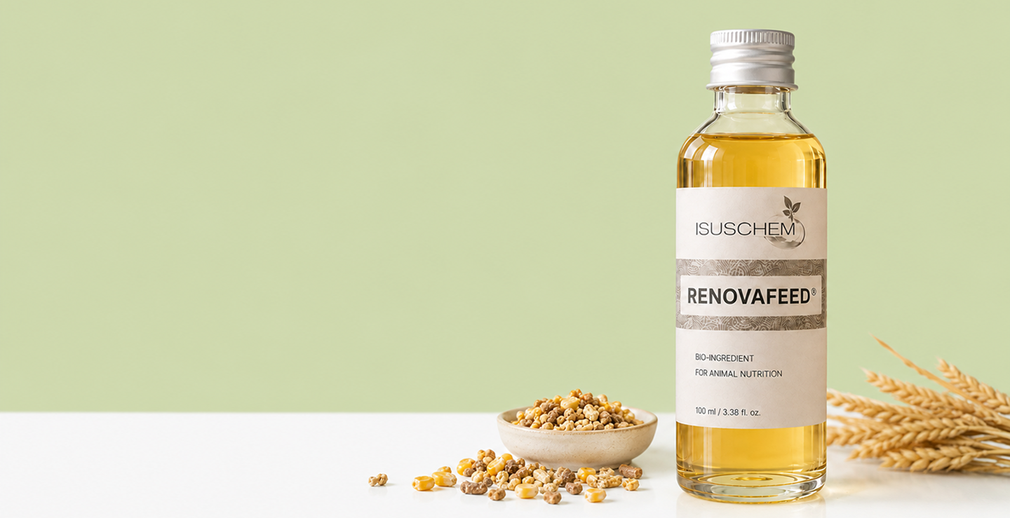 Flacone RenovaFeed Isuschem con mangime in pellet e spighe di grano