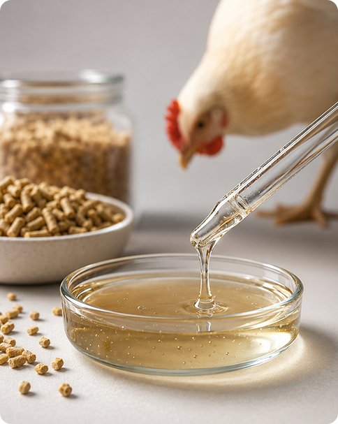 Dosaggio di RenovaFeed con pipetta su capsula di vetro, accanto a mangime in pellet