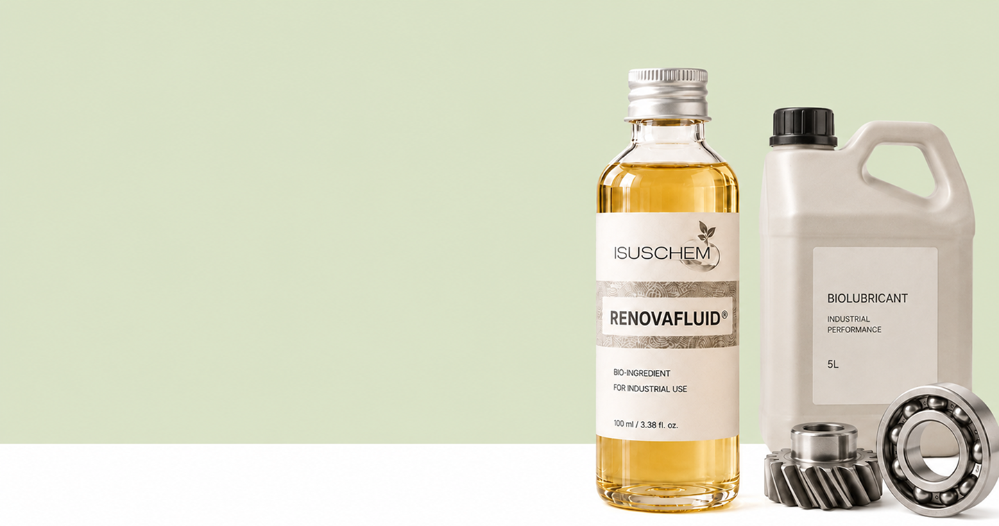 Flacone RenovaFluid Isuschem con tanica di biolubrificante industriale, ingranaggi e cuscinetto